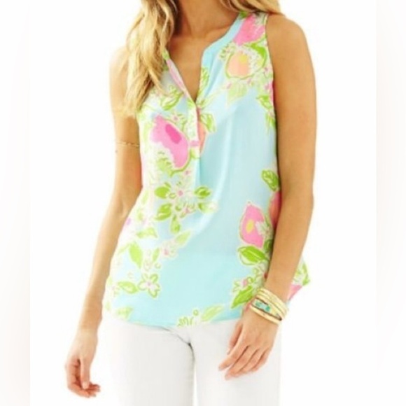 Lilly Pulitzer Stacey Floral Sleeveless Blouse - Blue and Pink, 100% Silk, XXS - Picture 1 of 14